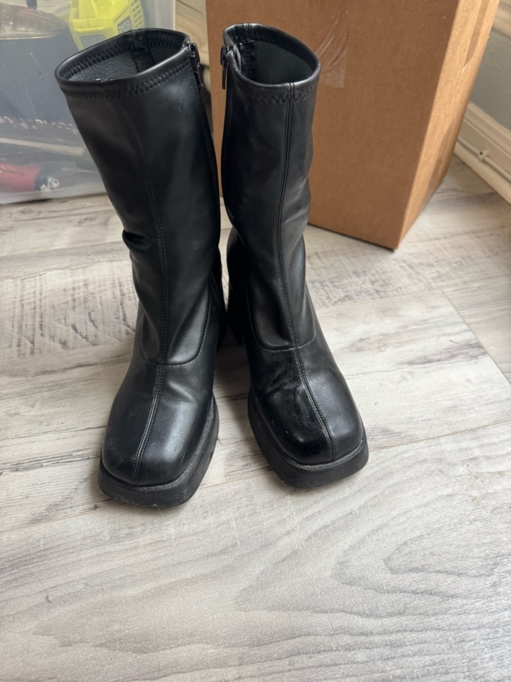 Steve Madden Black Square-Toe Mid-Calf Heeled Boots